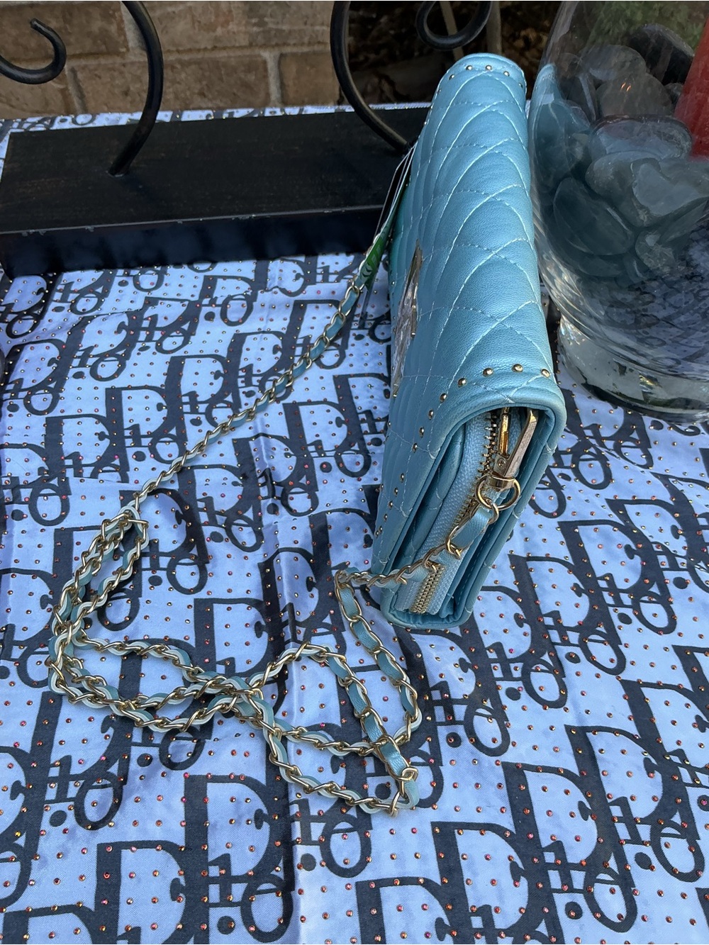 Badgley Mischka Quilted Crossbody Bag in Light Blue with Gold Chain - Picture 3 of 4